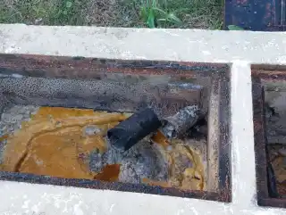 Caixa de gordura aberta com camada grossa de gordura solidificada