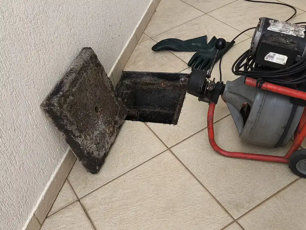 Máquina de desentupimento ligada a uma caixa de esgoto aberta no piso